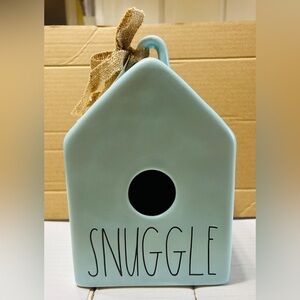 Rae Dunn birdhouse SNUGGLE robins egg blue w black letters, burlap tie. NEW.